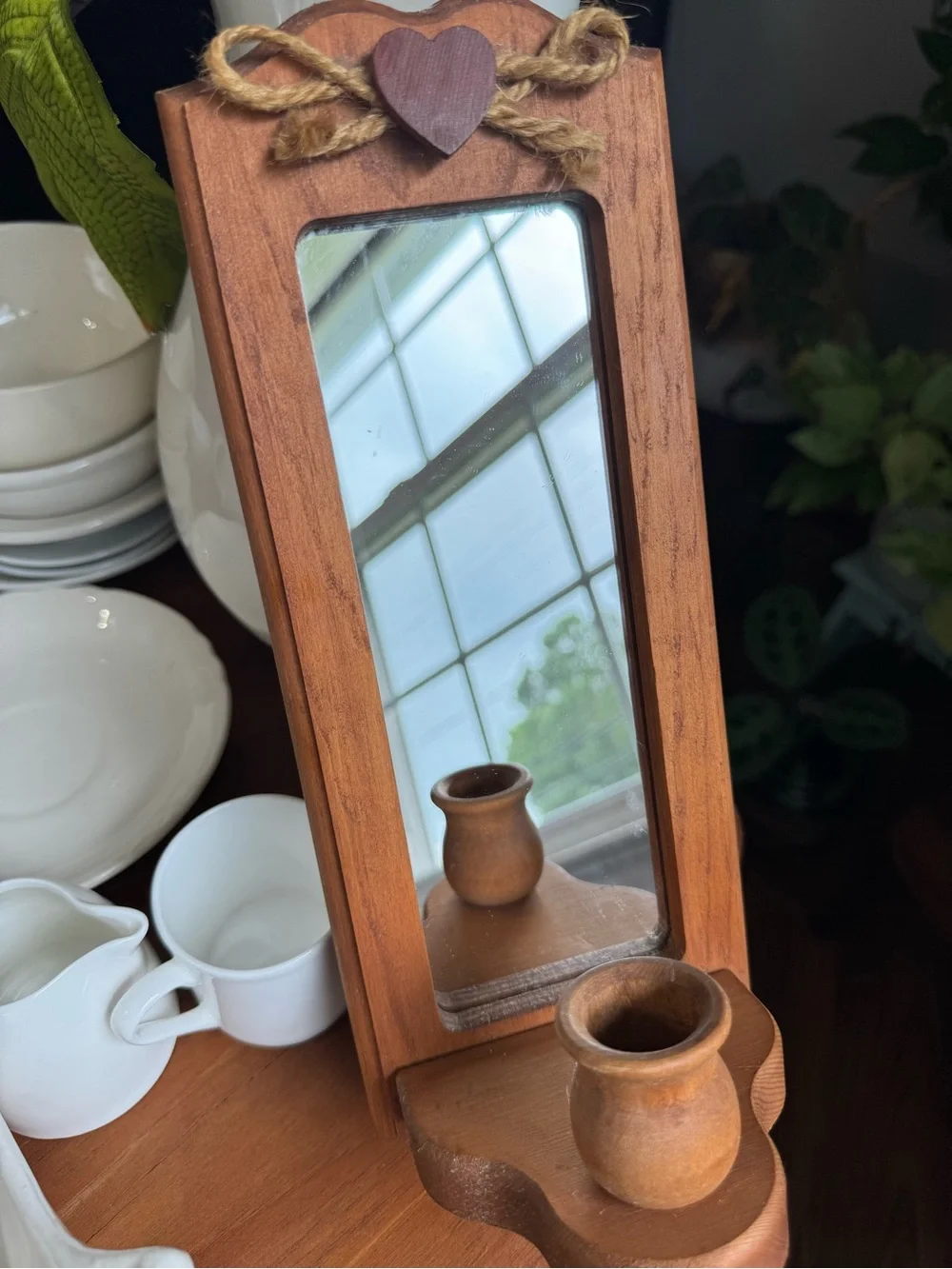 Wood-Framed Heart Accent Mirror Candle Holder